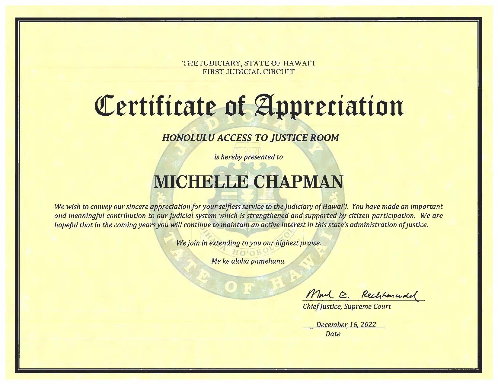 Image of appreciation award fro Hawaii Supreme Court to Michelle Chapman